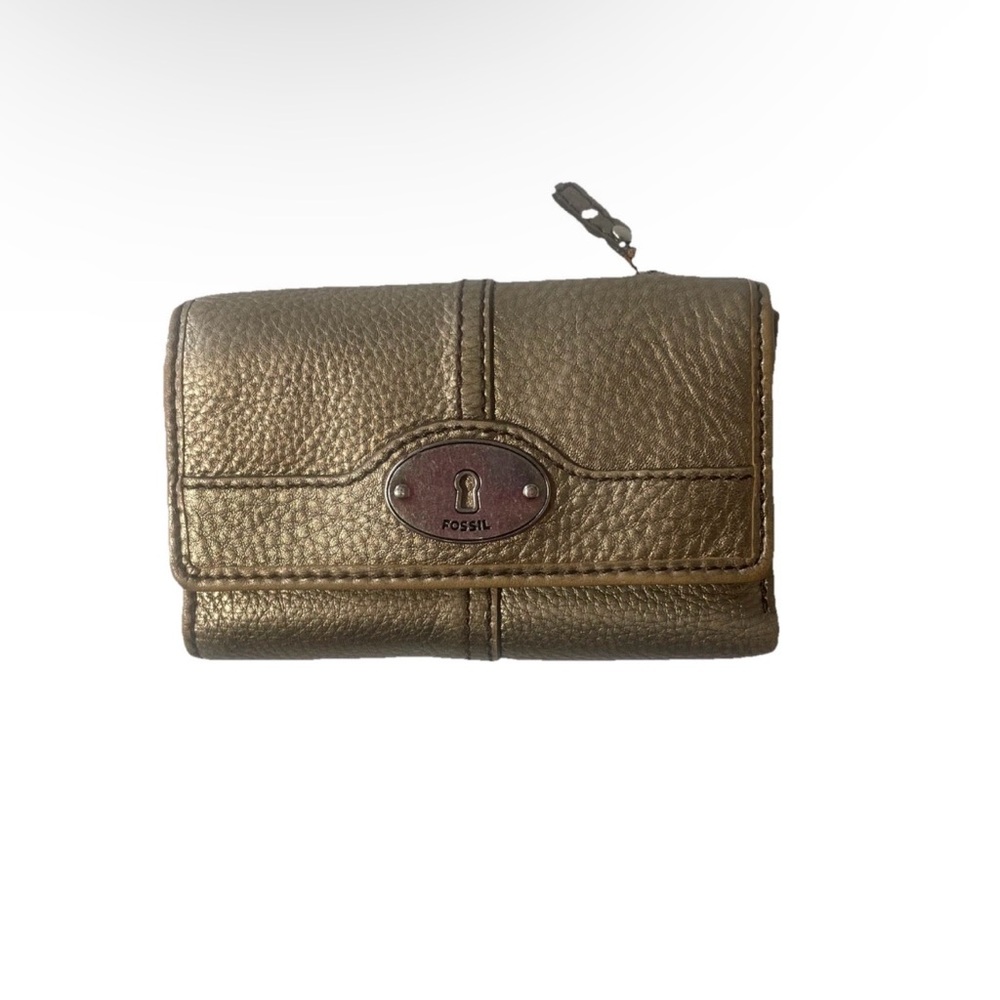 Fossil VNTG Womens Wallet Metallic Gold Soft Pebble Leather Snap Closure Trifold